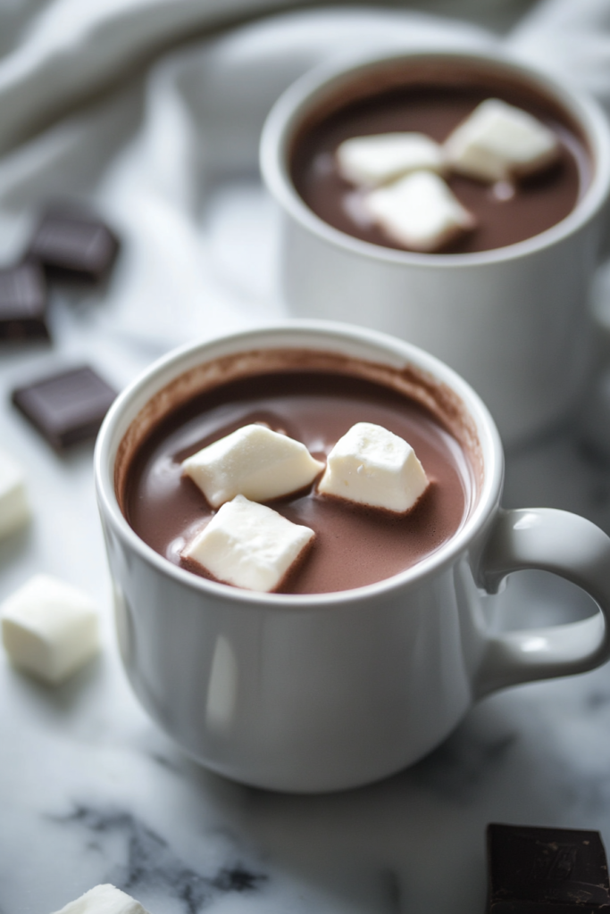 Marshmallows sinking into rich, creamy hot chocolate.