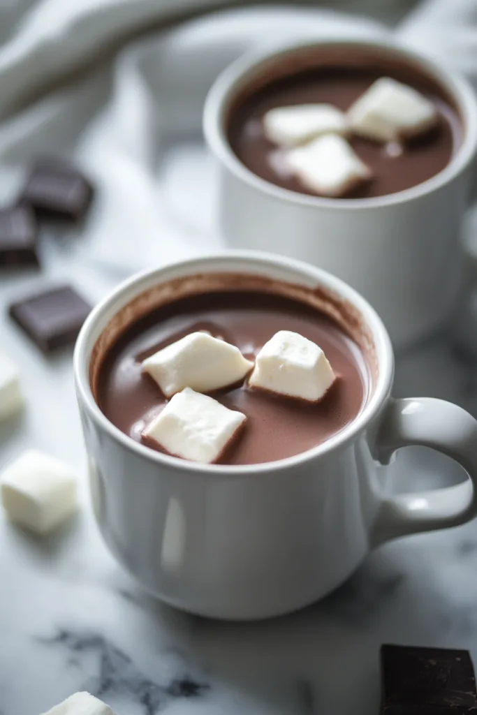Marshmallows sinking into rich, creamy hot chocolate.