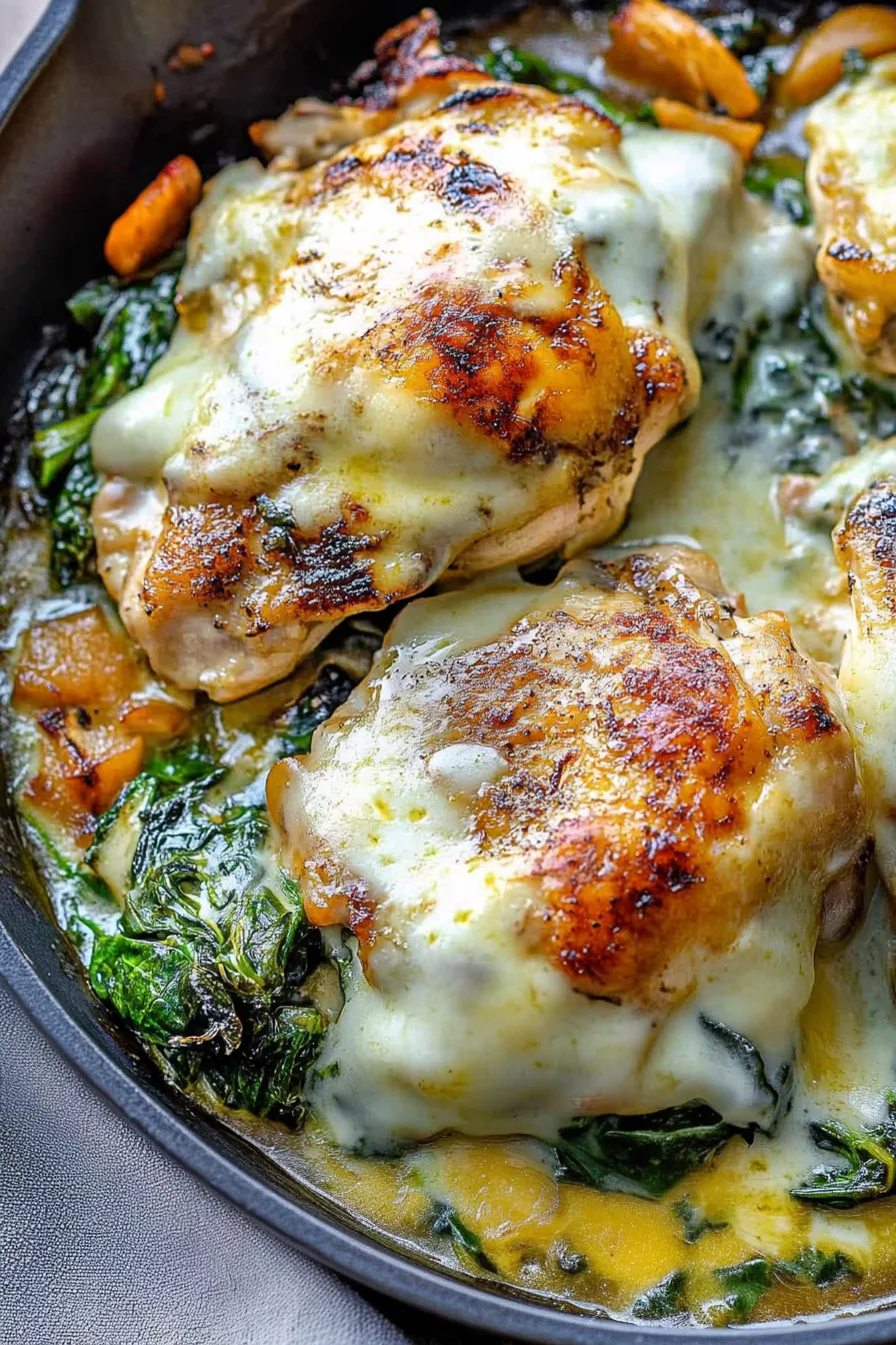 Savory chicken topped with gooey cheese and colorful vegetables.