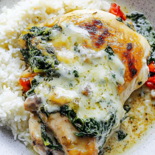 Plated chicken breast with creamed spinach and a side of rice.
