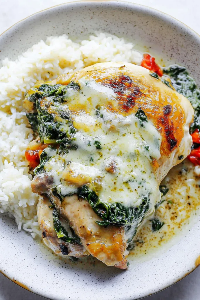 Plated chicken breast with creamed spinach and a side of rice.