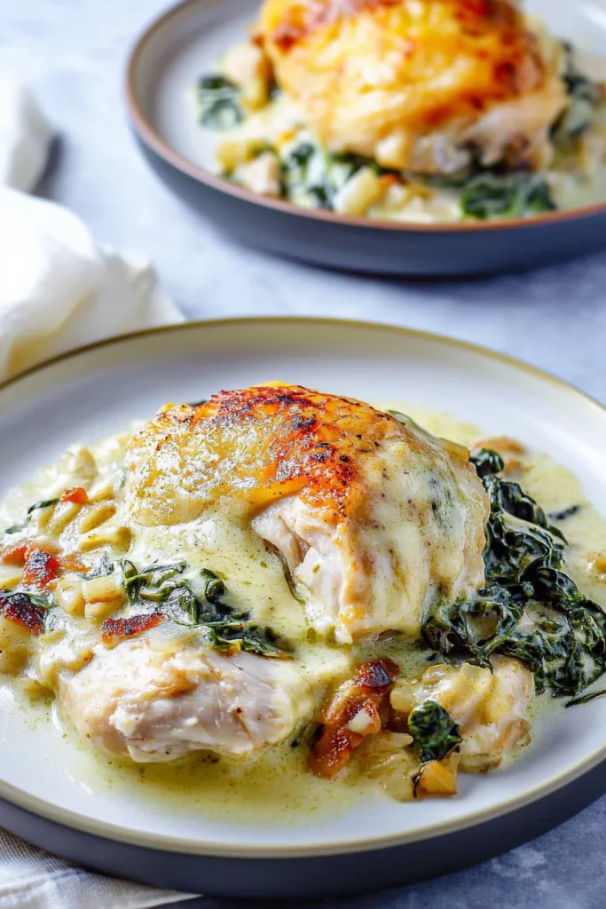 Golden baked chicken breast topped with melted cheese and spinach.