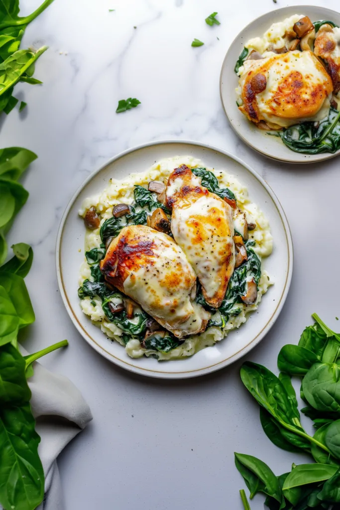 Final serving of roasted chicken layered with spinach and melted cheese.