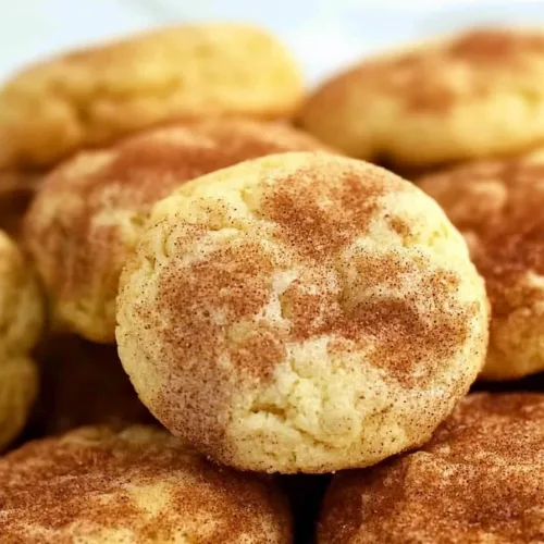 Stack of soft, buttery cookies featuring a signature cinnamon sugar coating.