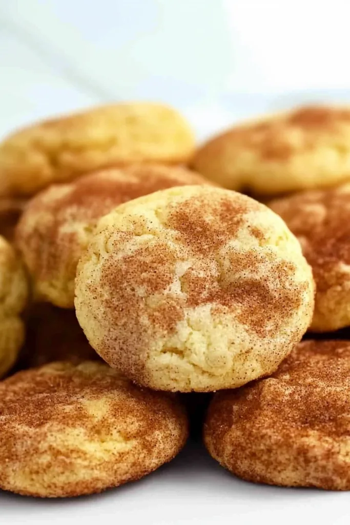 Stack of soft, buttery cookies featuring a signature cinnamon sugar coating.
