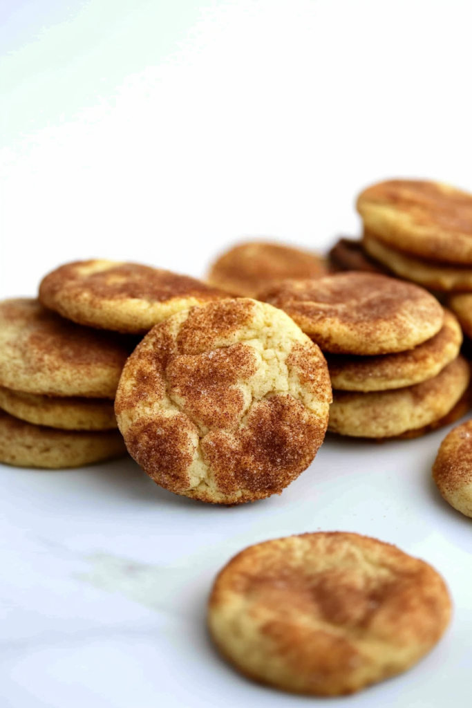 Freshly baked cinnamon-sugar cookies with a soft, crackled surface.