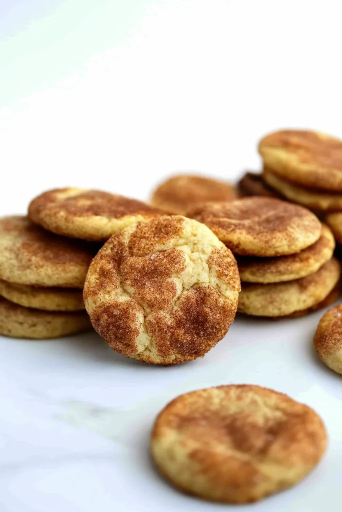 Freshly baked cinnamon-sugar cookies with a soft, crackled surface.