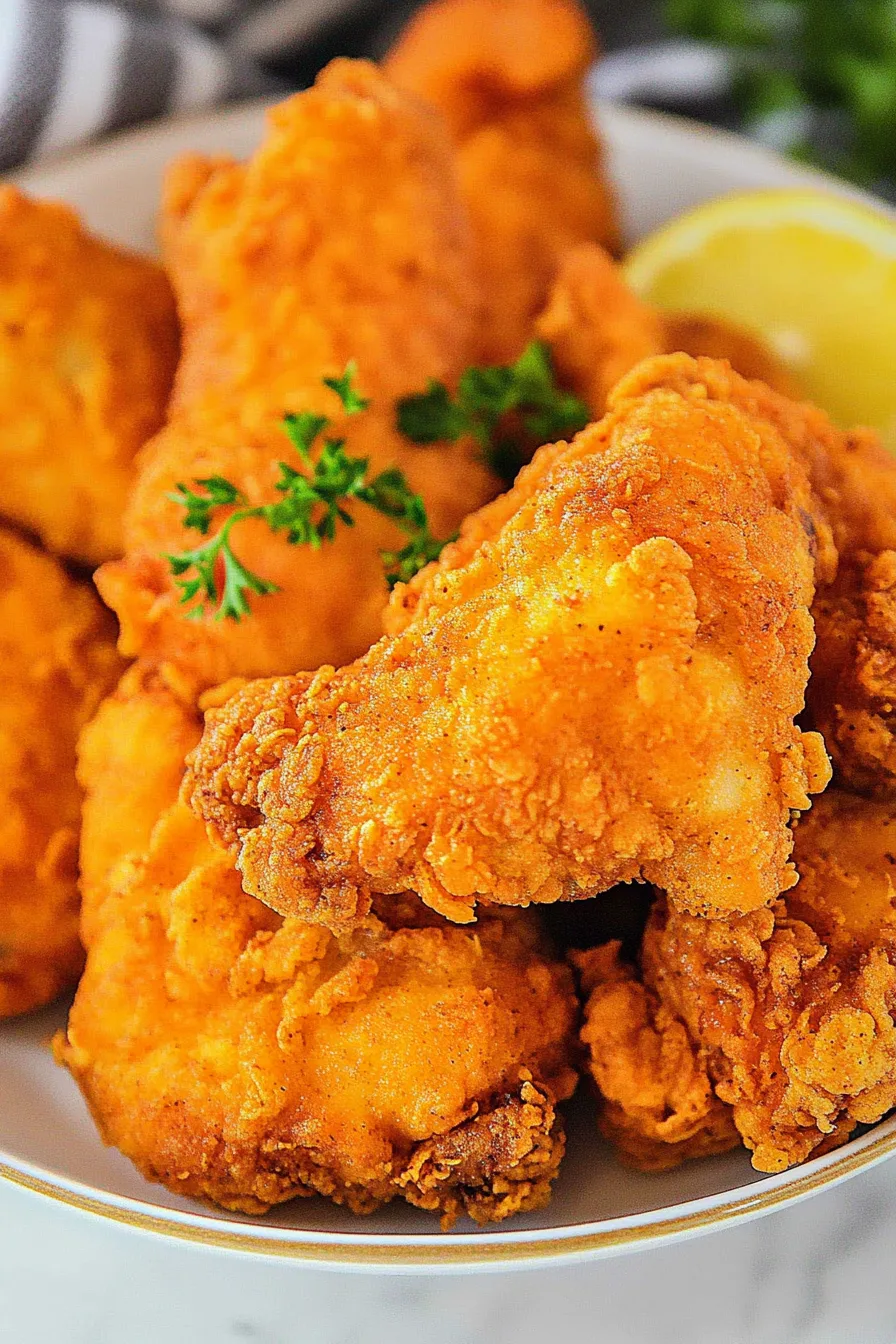 Golden, crispy chicken piled high in a serving bowl with lemon garnish.