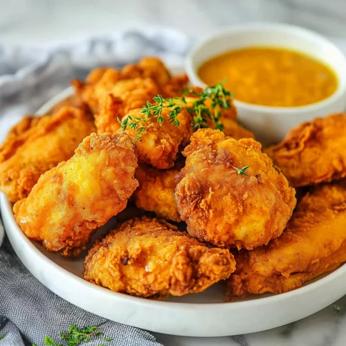 Close-up of crunchy fried chicken pieces showing textured coating.