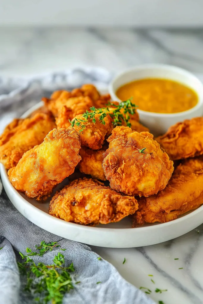 Close-up of crunchy fried chicken pieces showing textured coating.