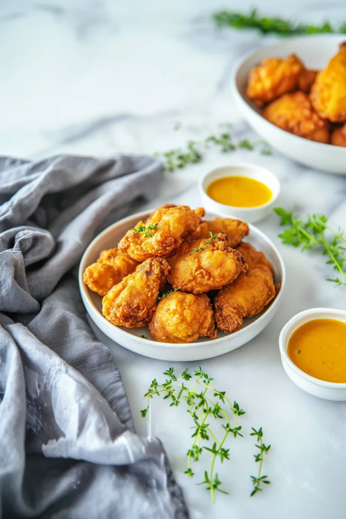Crispy chicken arranged neatly with side garnishes for presentation.