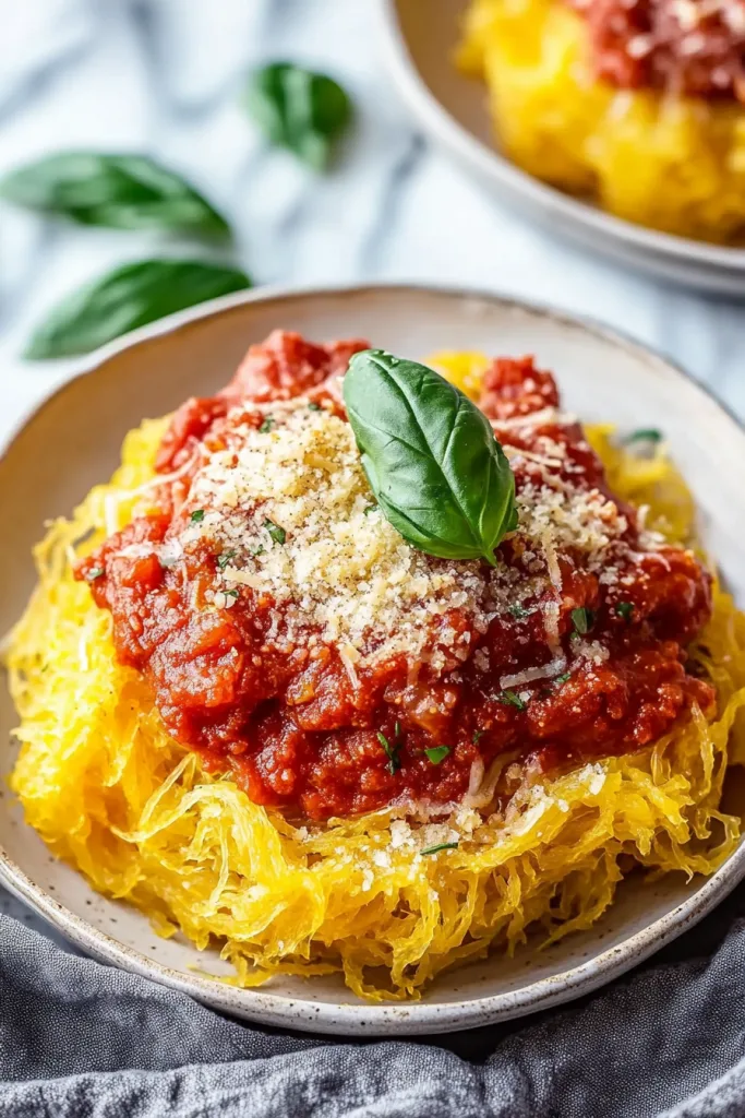 Final shot of the spaghetti squash marinara recipe, highlighting vibrant colors and textures.