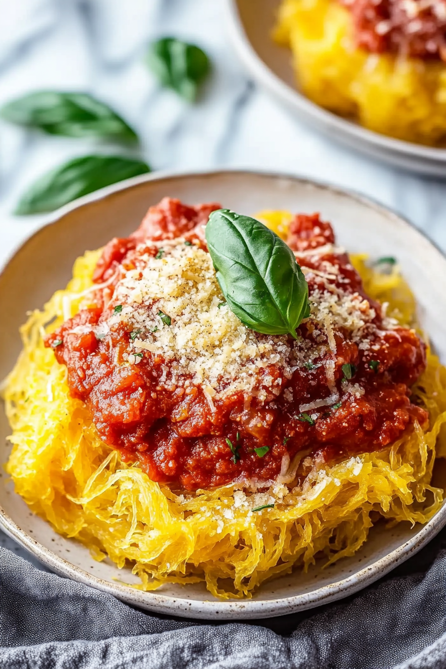 Final shot of the spaghetti squash marinara recipe, highlighting vibrant colors and textures.