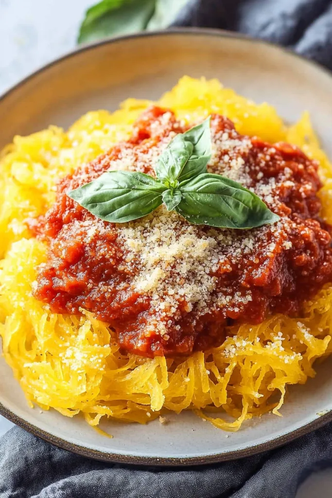 A close-up of roasted squash โnoodlesโ twirled with tomato sauce and garnished with basil leaves.