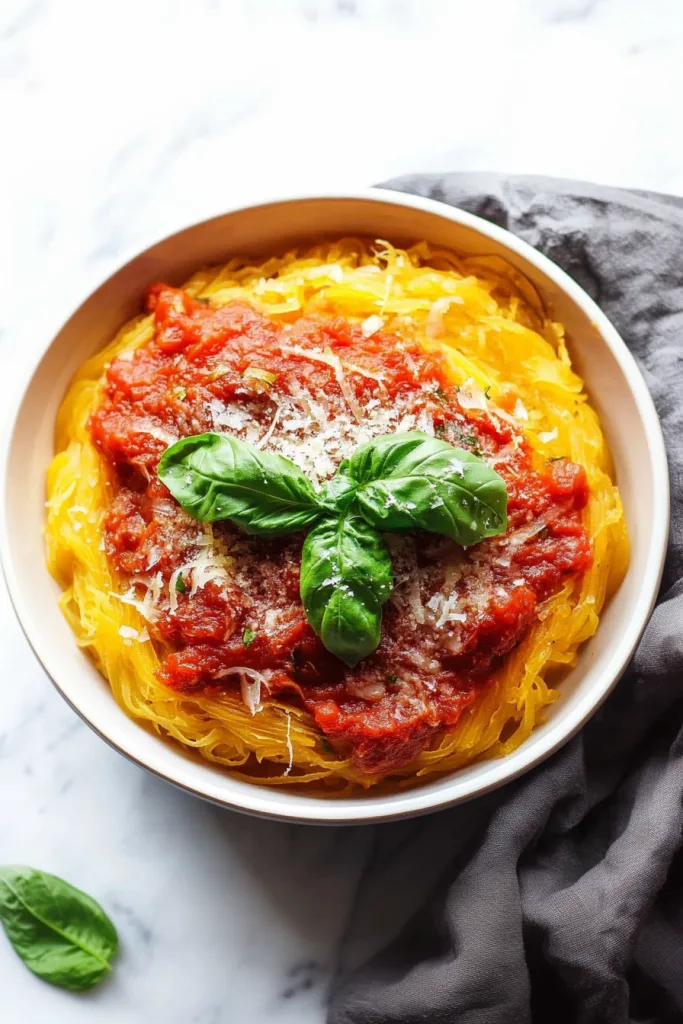 Bright yellow squash strands layered under thick red sauce with a dusting of Parmesan.