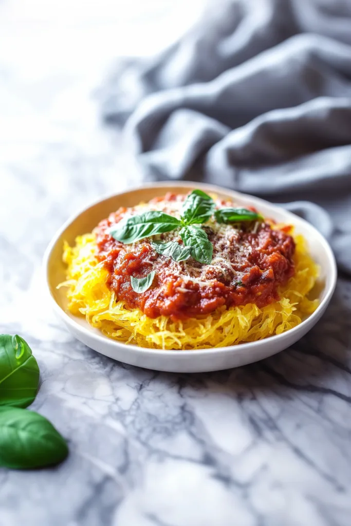 Golden strands of spaghetti squash topped with rich marinara, Parmesan, and fresh basil.