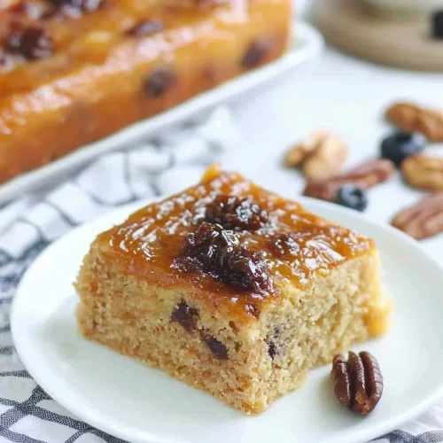 Moist layered cake with caramel glaze on a white plate.