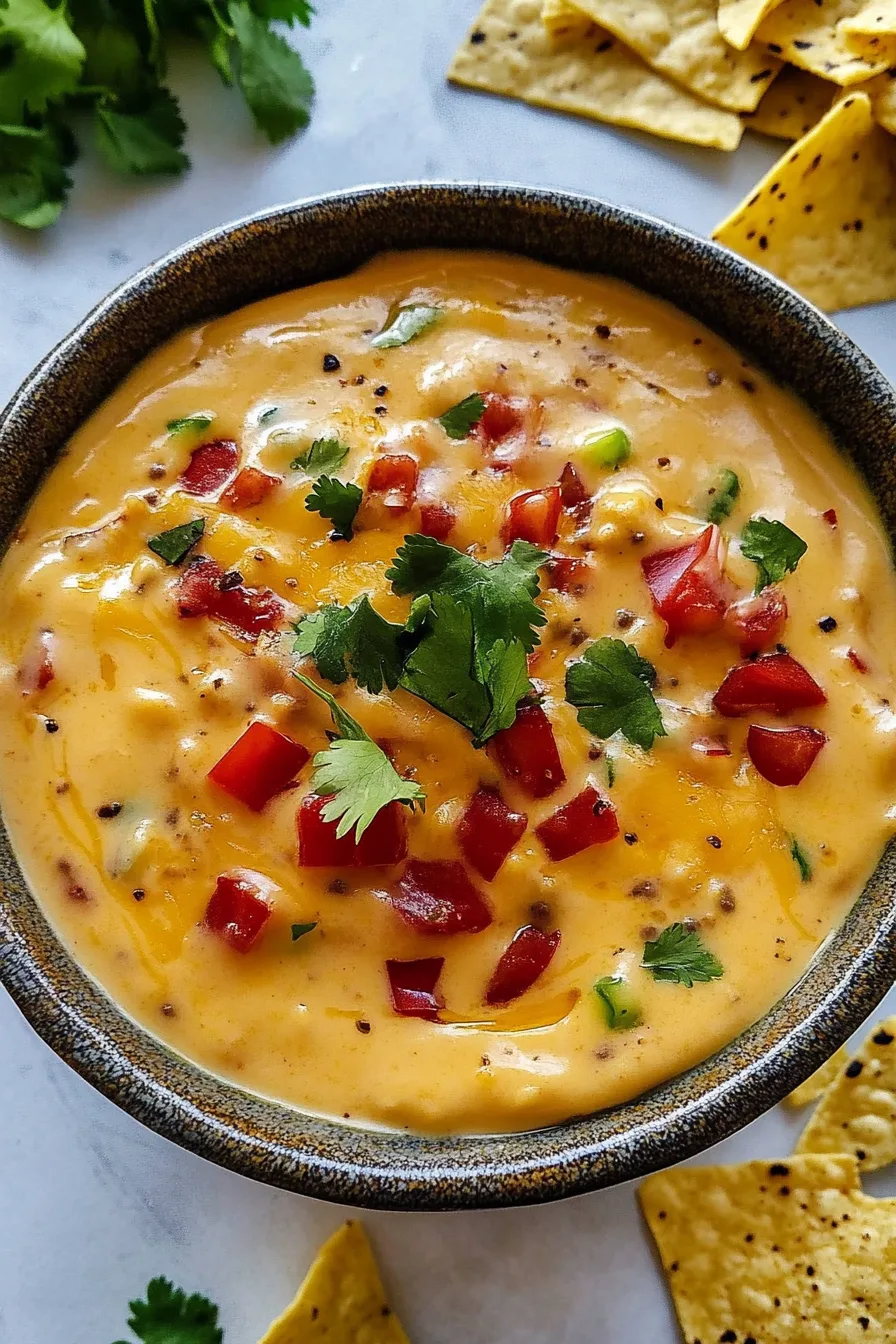 Close-up of creamy dip with colorful garnish and rich texture.