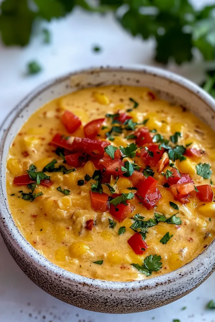 Golden cheese dip topped with fresh cilantro, tomatoes, and peppers.