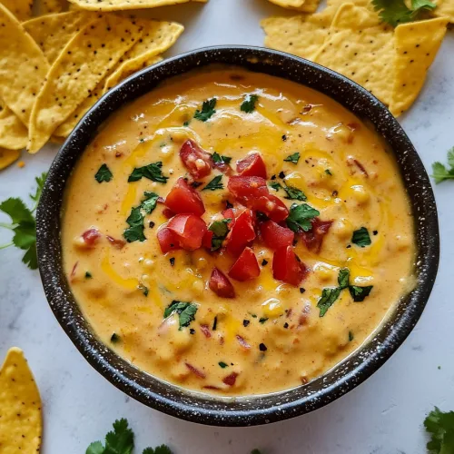 Smooth queso served in a bowl with tortilla chips on the side.