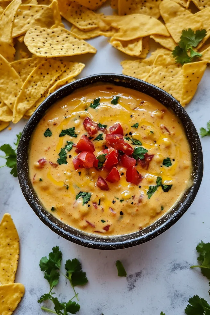 Smooth queso served in a bowl with tortilla chips on the side.