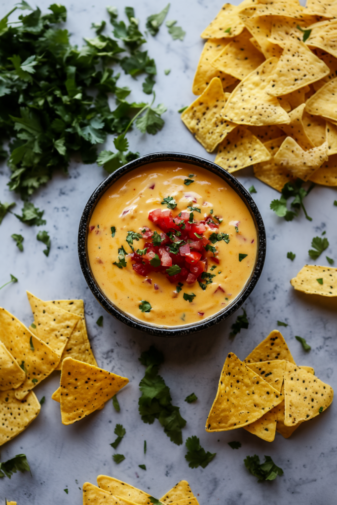 Appetizer spread featuring warm cheese dip and crisp chips.