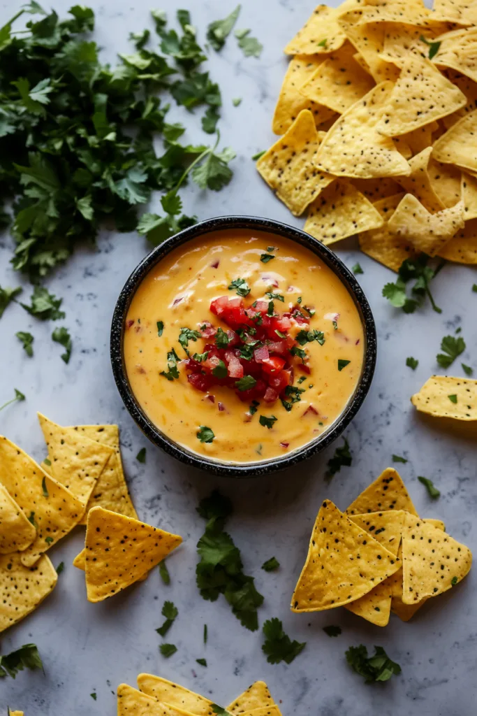 Appetizer spread featuring warm cheese dip and crisp chips.