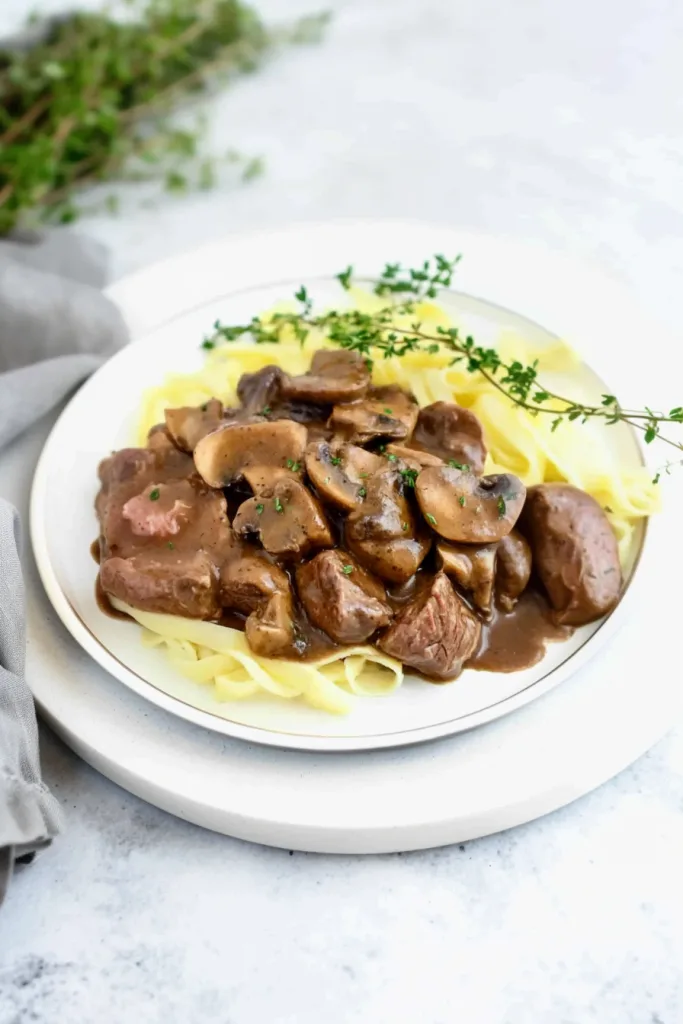 Juicy steak pieces smothered in a rich peppered mushroom sauce