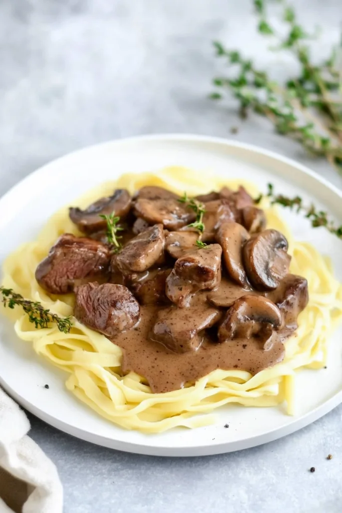 Homemade beef and mushroom gravy served as a comforting dinner entrรฉe