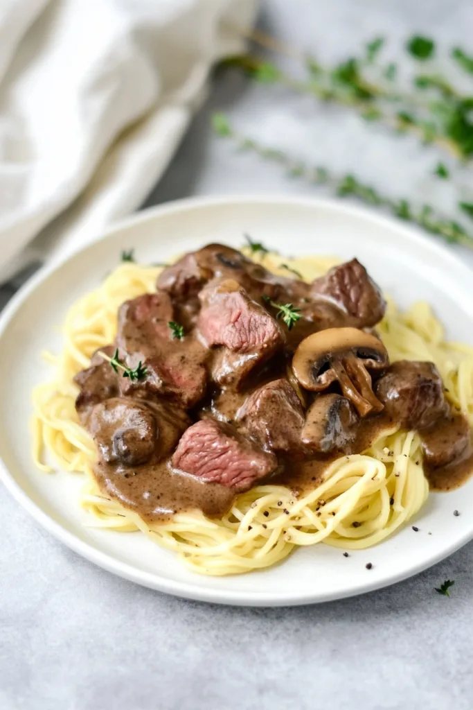 Tender beef bites topped with savory mushroom gravy and served over buttered noodles