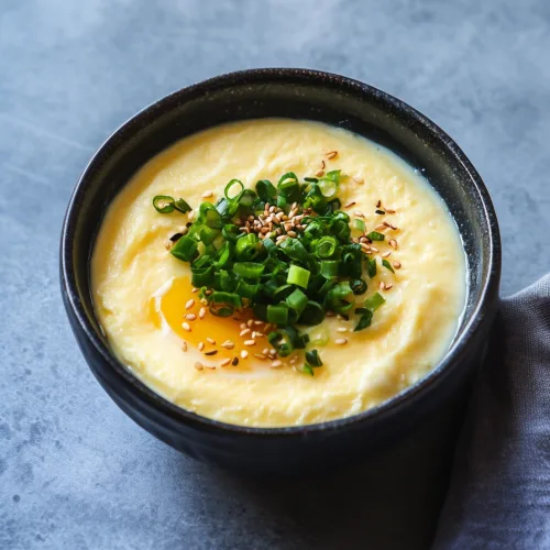 Comforting egg dish with a glossy surface, highlighted by vibrant green onion pieces.