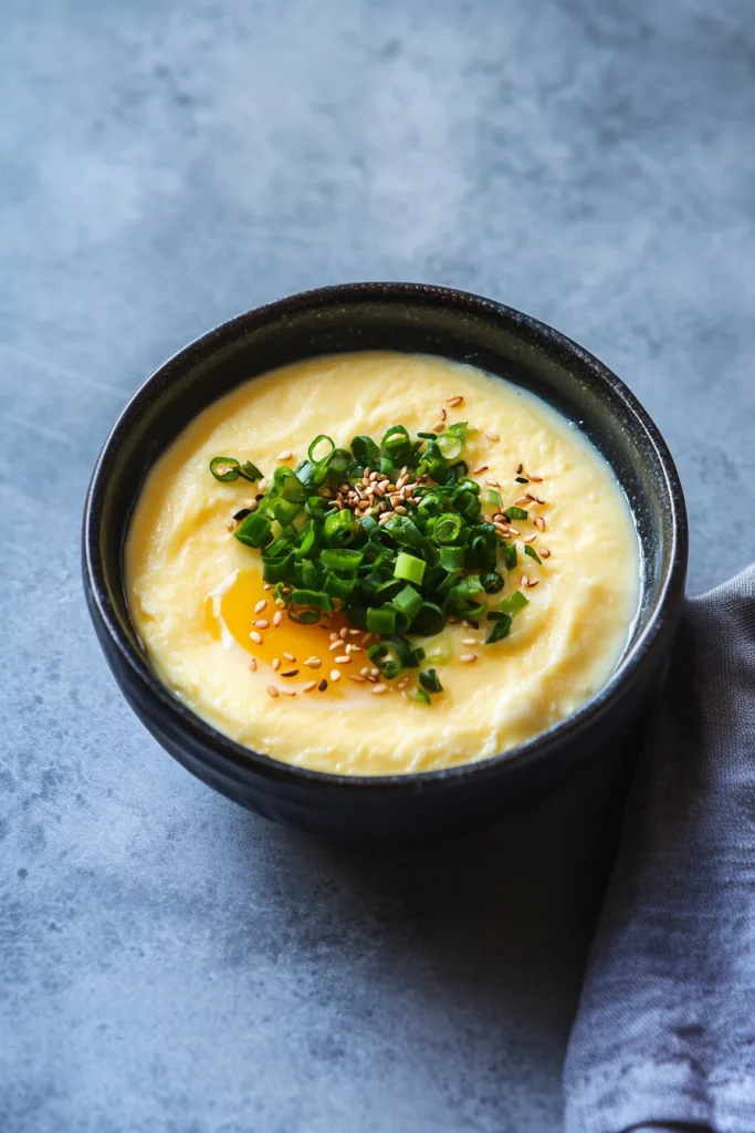 Comforting egg dish with a glossy surface, highlighted by vibrant green onion pieces.