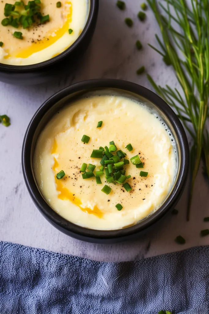 A bowl of silky steamed eggs topped with chopped green onions and a sprinkle of seasoning.