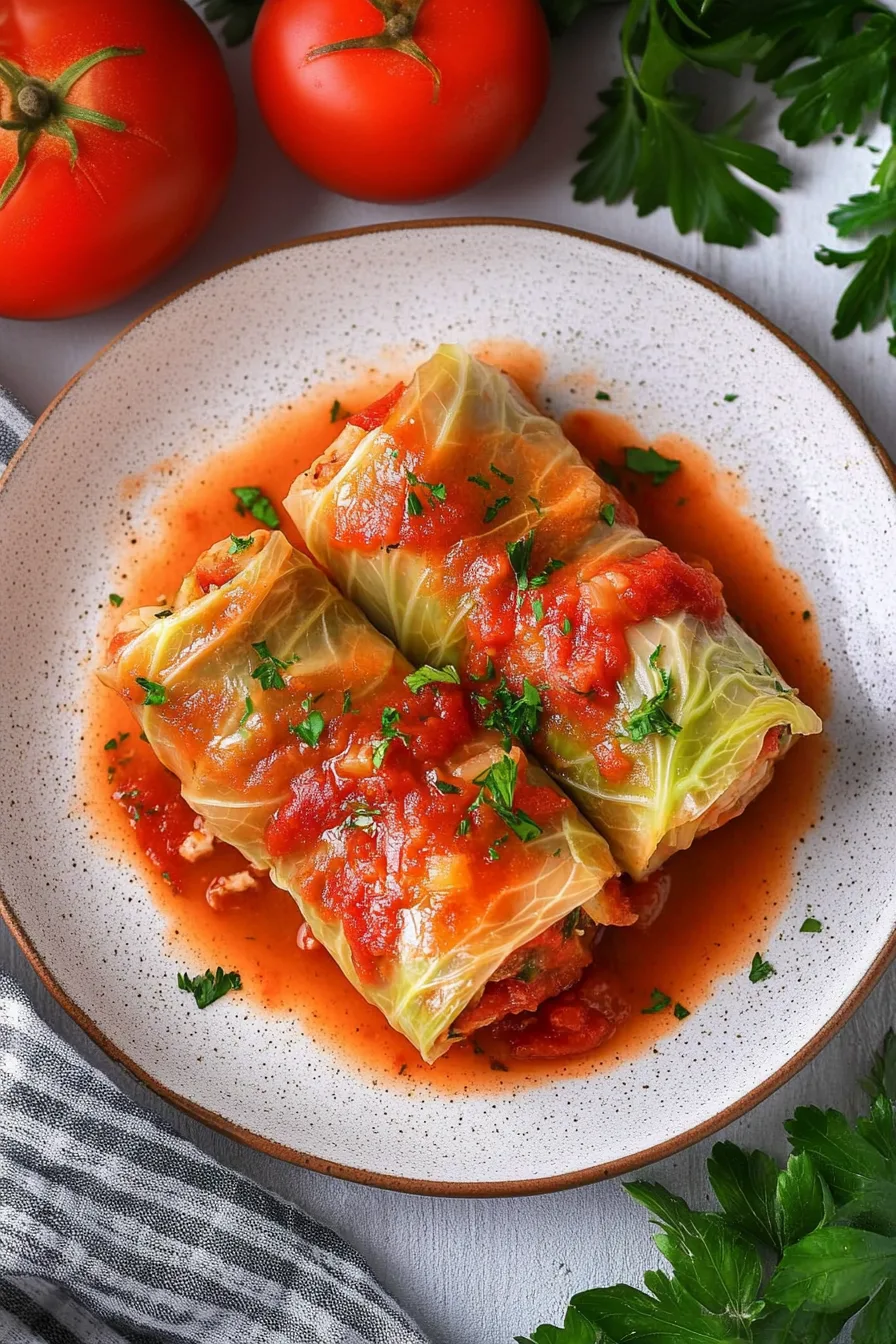 Hearty stuffed rolls in cabbage leaves, finished with a glossy tomato layer.