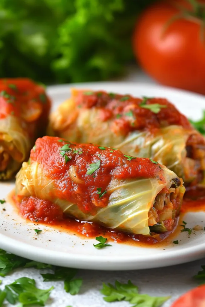 Final serving of cabbage rolls smothered in sauce with a garnish of parsley.