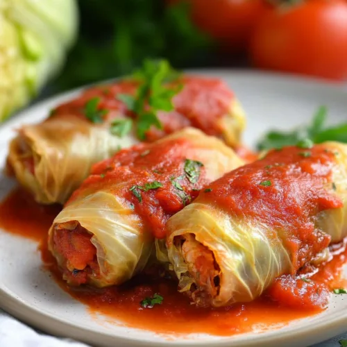 Savory cabbage rolls plated with fresh herbs and vibrant tomato topping.
