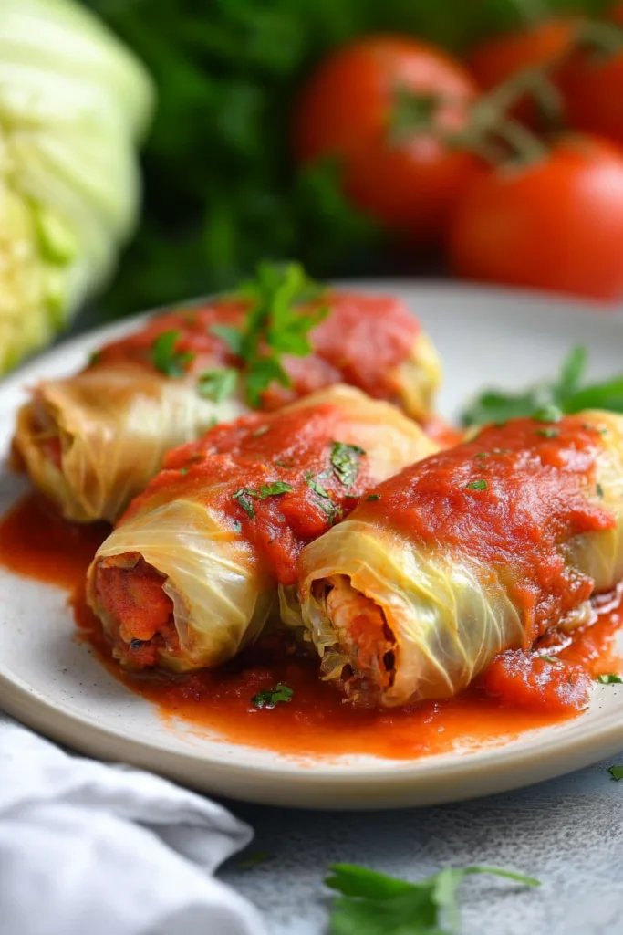 Savory cabbage rolls plated with fresh herbs and vibrant tomato topping.