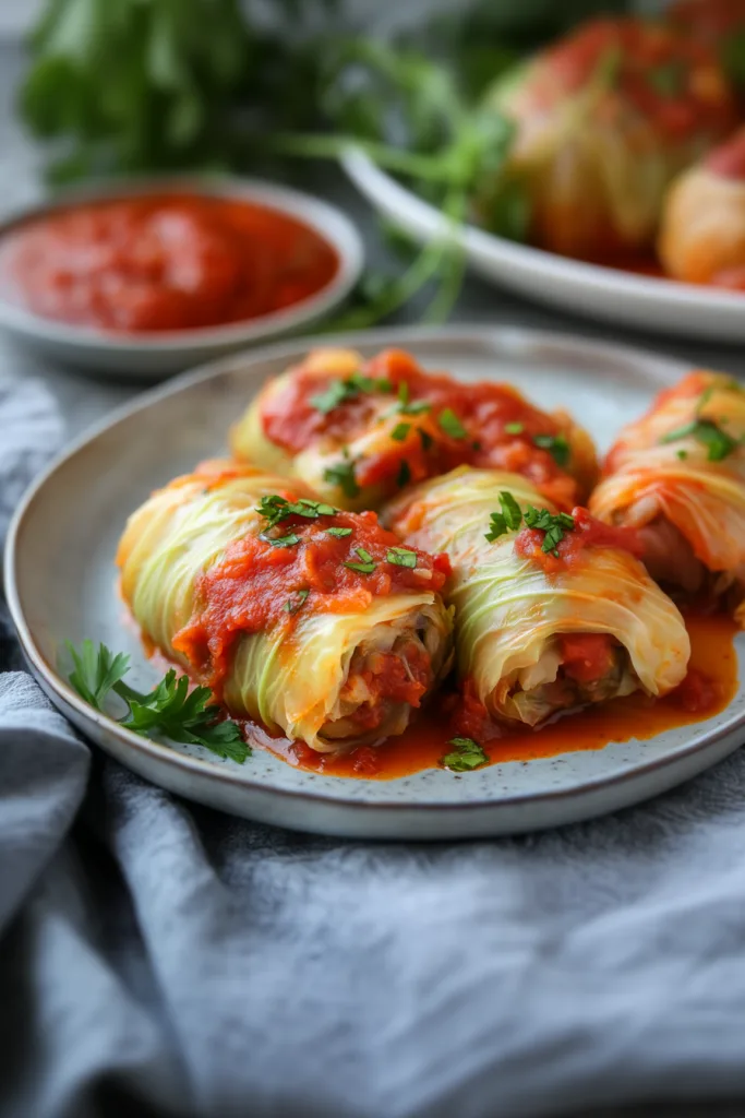 Tender cabbage rolls topped with rich tomato sauce and parsley.