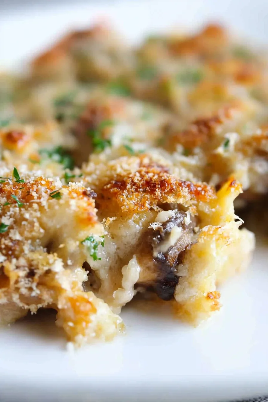 Close-up of a creamy mushroom bake with a crunchy herb-seasoned topping.