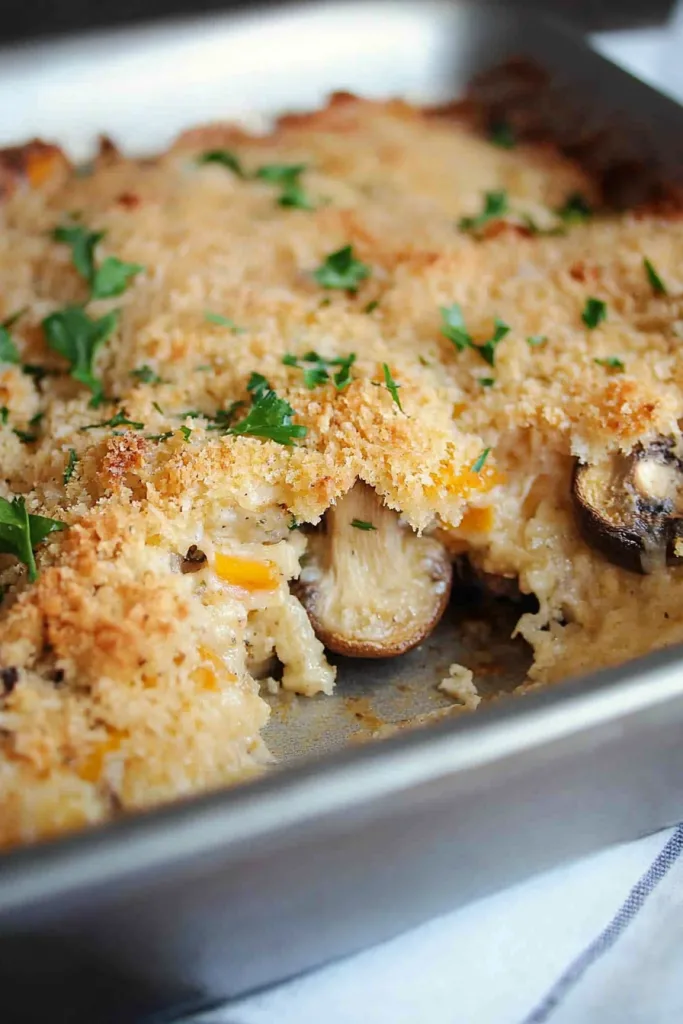 Freshly baked savory casserole garnished with parsley and a golden crust.