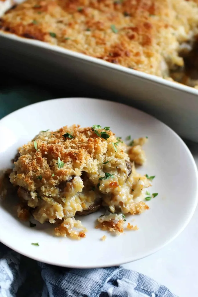 Comfort food casserole featuring tender mushrooms beneath a crispy breadcrumb layer.