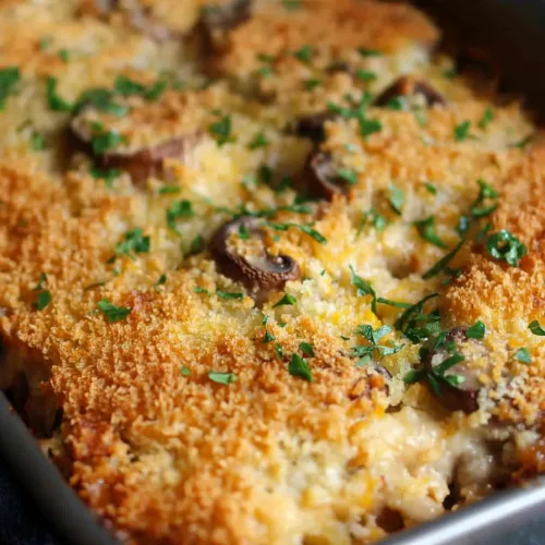 Golden baked casserole topped with crispy breadcrumbs and sautรฉed mushrooms.