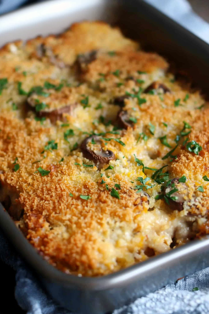 Golden baked casserole topped with crispy breadcrumbs and sautรฉed mushrooms.