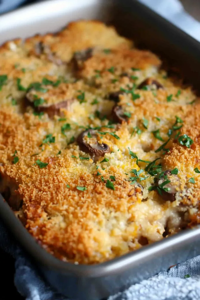Golden baked casserole topped with crispy breadcrumbs and sautรฉed mushrooms.
