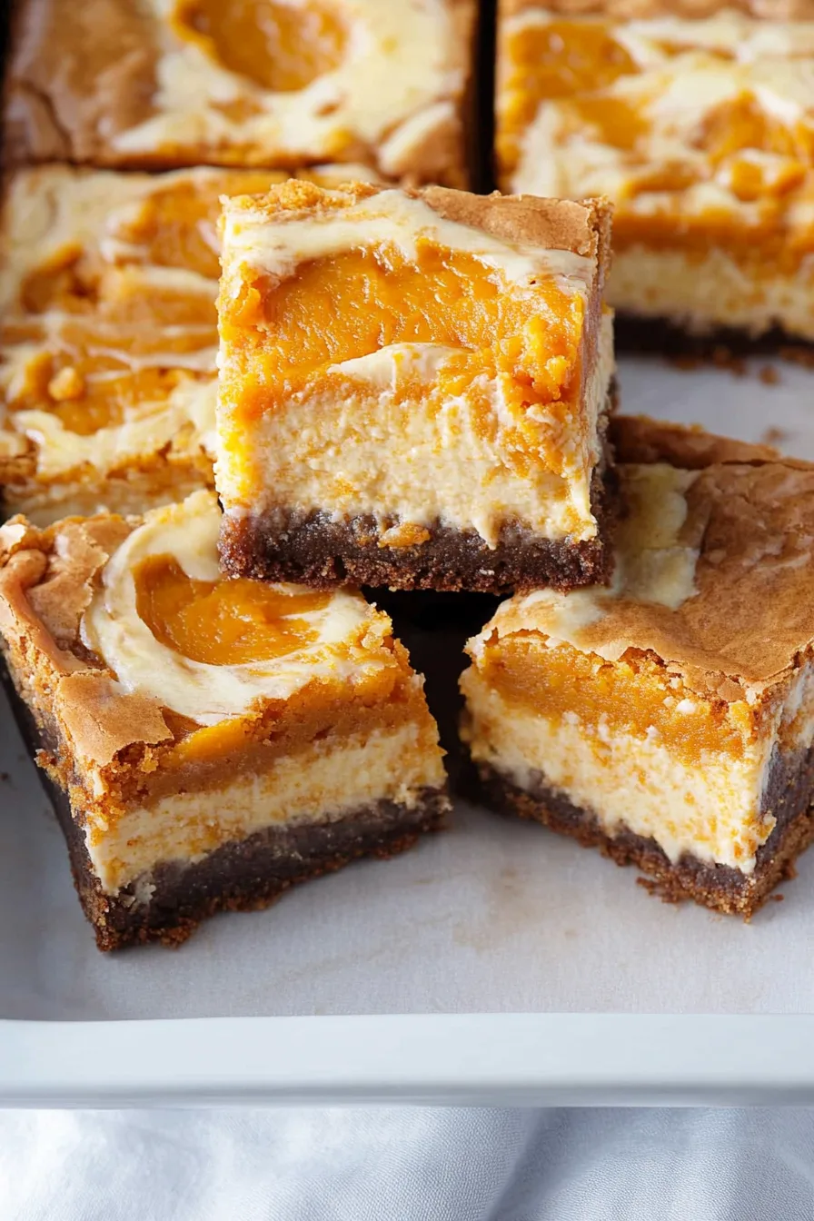 Plate of layered bars featuring a dark crust, creamy center, and vibrant orange topping