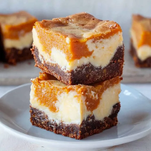 Stacked dessert bars with creamy layers and orange swirls on a white plate