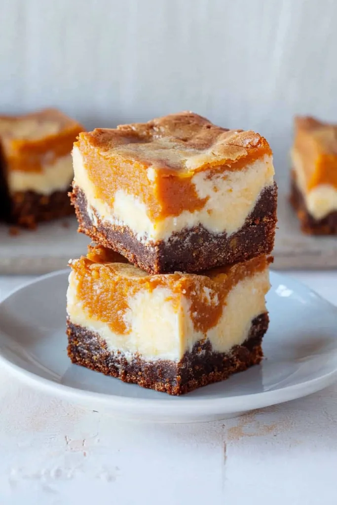 Stacked dessert bars with creamy layers and orange swirls on a white plate