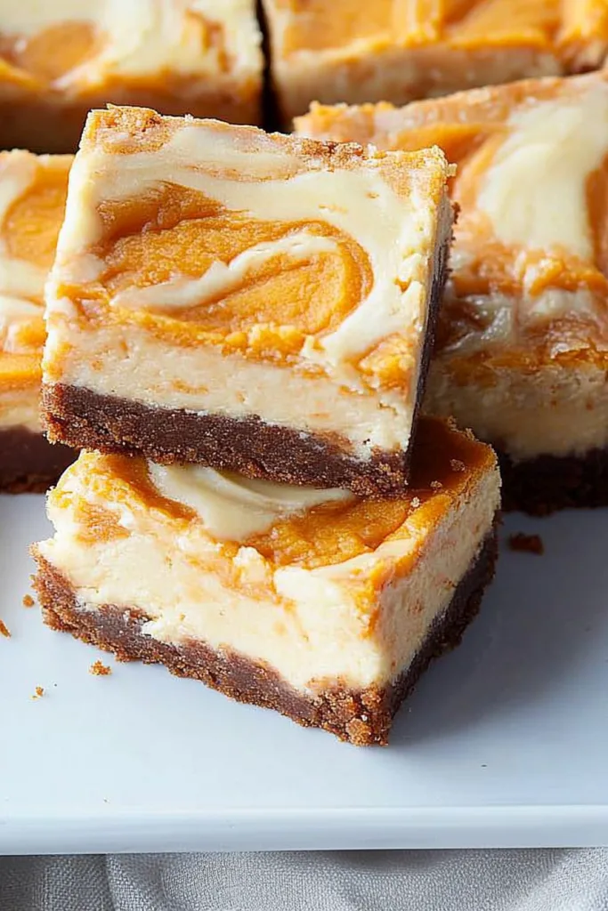 Close-up of marbled cheesecake-style squares showing smooth texture and golden crust