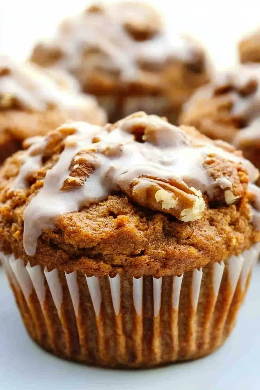 Close-up of a moist muffin with glossy cinnamon glaze