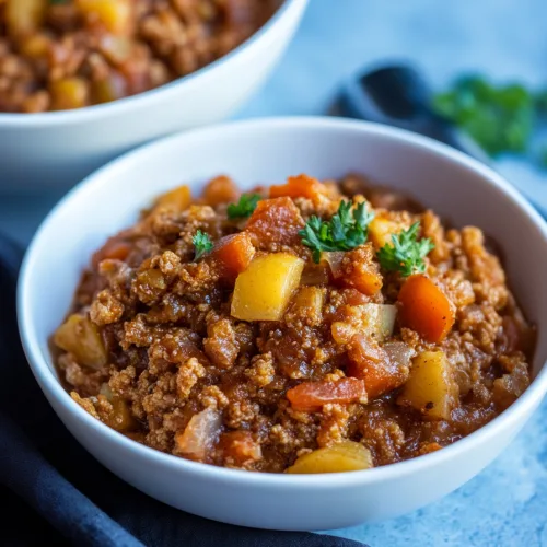 Bowl of seasoned ground beef mixed with colorful peppers and onions